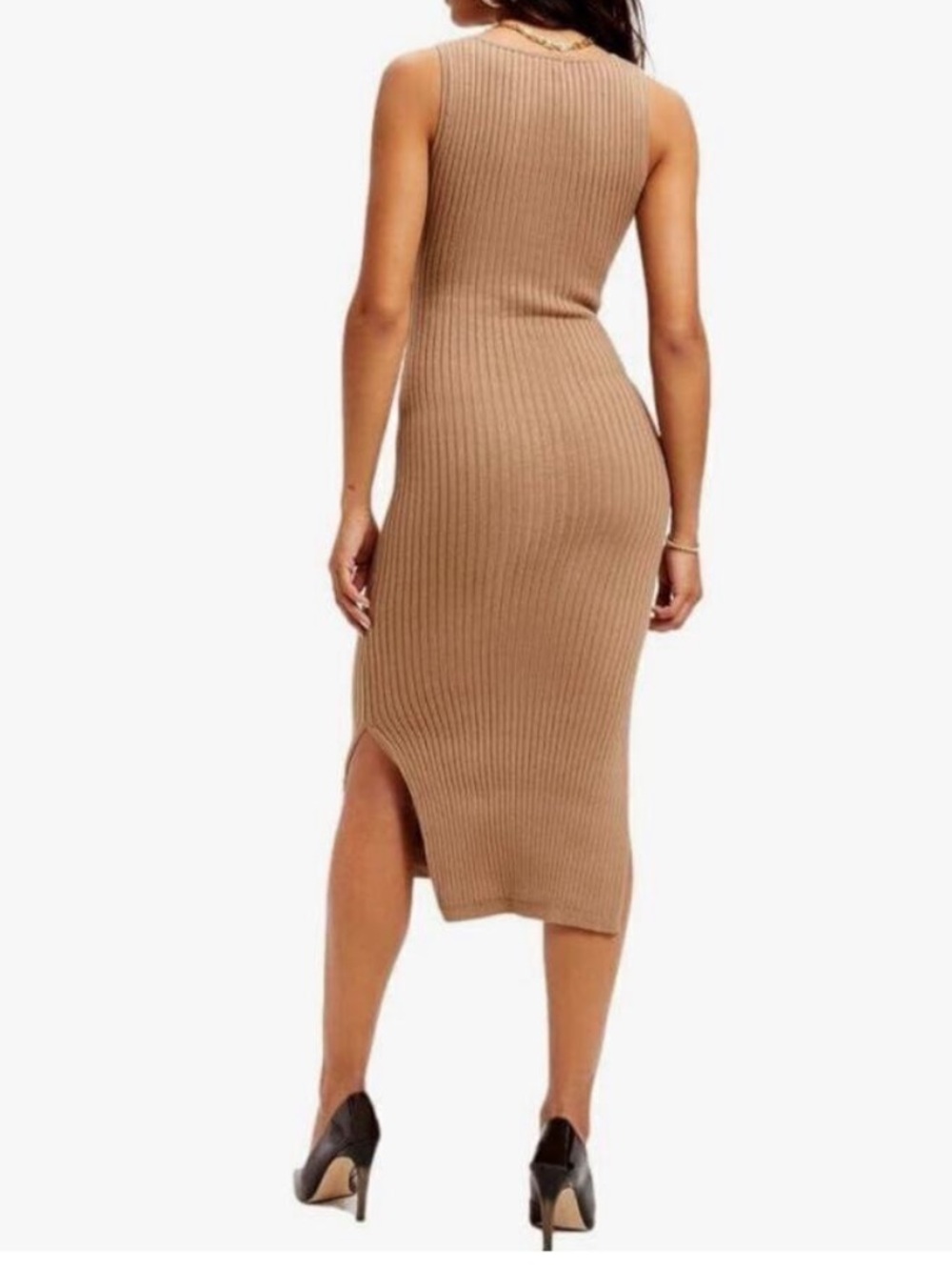Good American Sleeveless Ribbed Tie-Waist Midi Dress - Brown